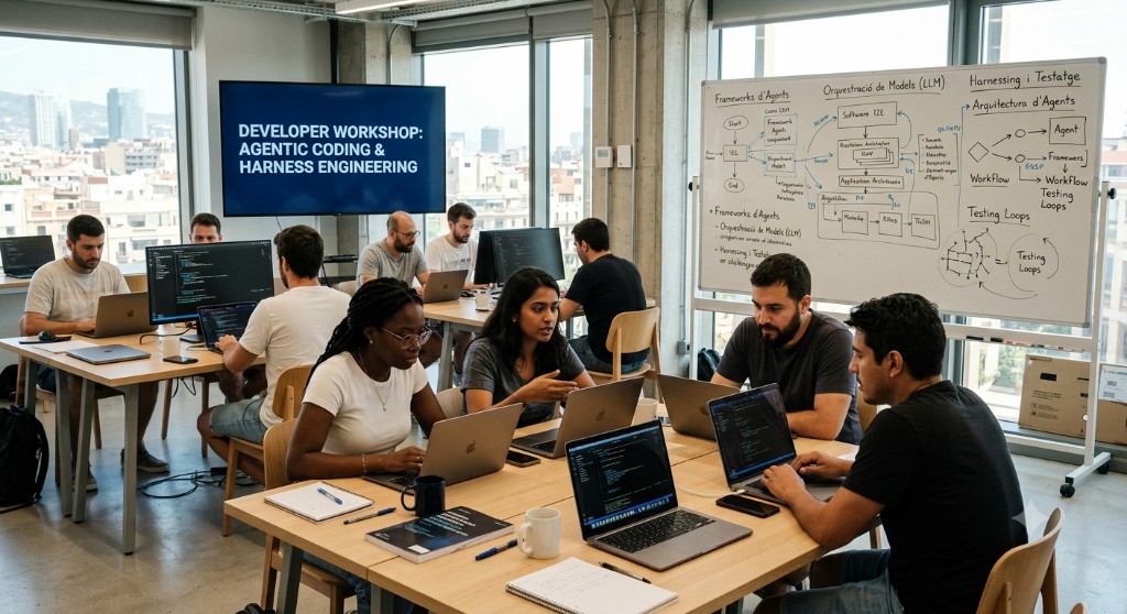 Workshop whiteboard with agent frameworks, LLM orchestration, and harness engineering diagrams