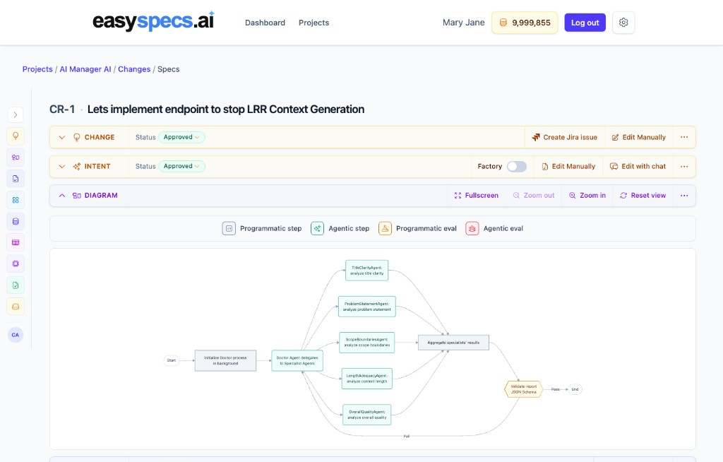 EasySpecs Diagram canvas with programmatic and agentic steps, evals, and validators