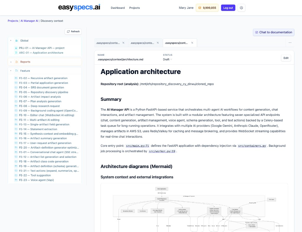 EasySpecs discovery context showing codebase documentation tree and project summary