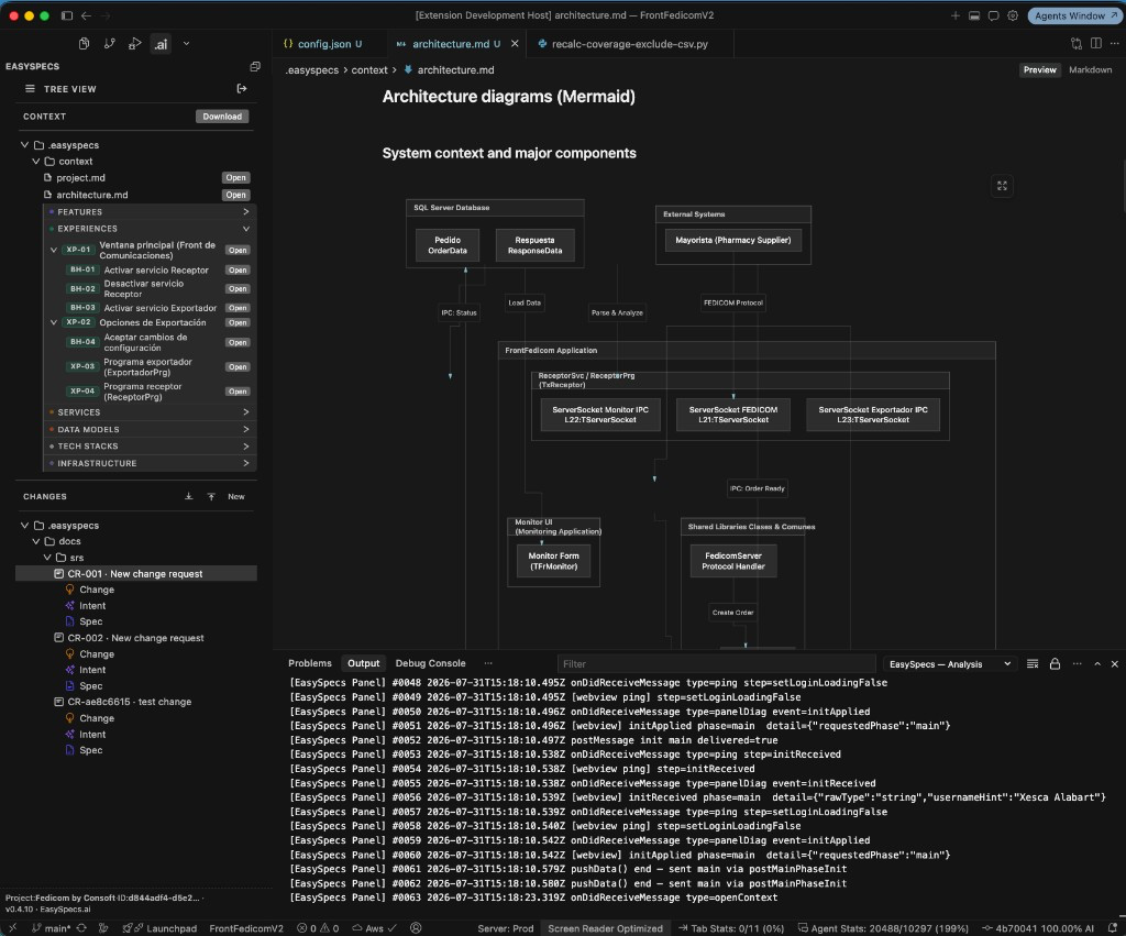 EasySpecs VS Code extension showing context tree, changes, and architecture diagram