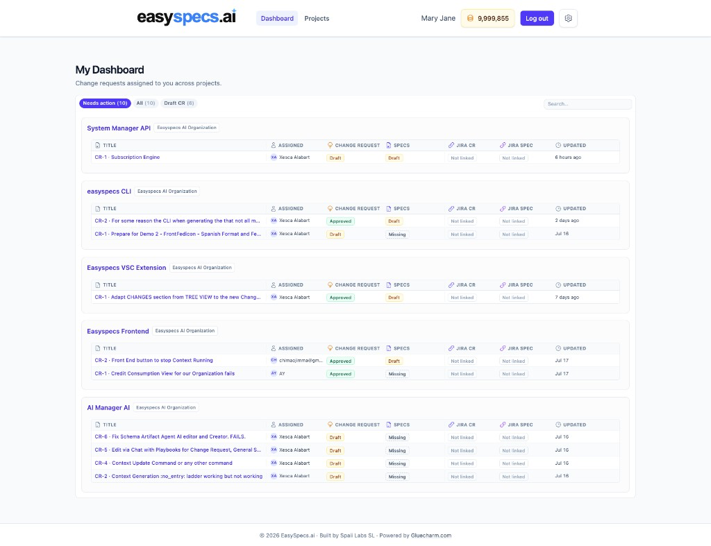 EasySpecs dashboard showing change requests and linked Spec status across projects
