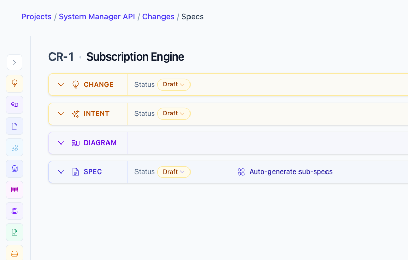 EasySpecs Specs accordion showing Change, Intent, Diagram, and Spec steps